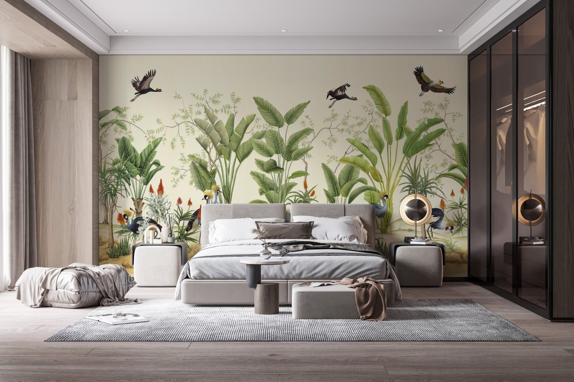 Watercolor bird illustration mural in large bedroom.