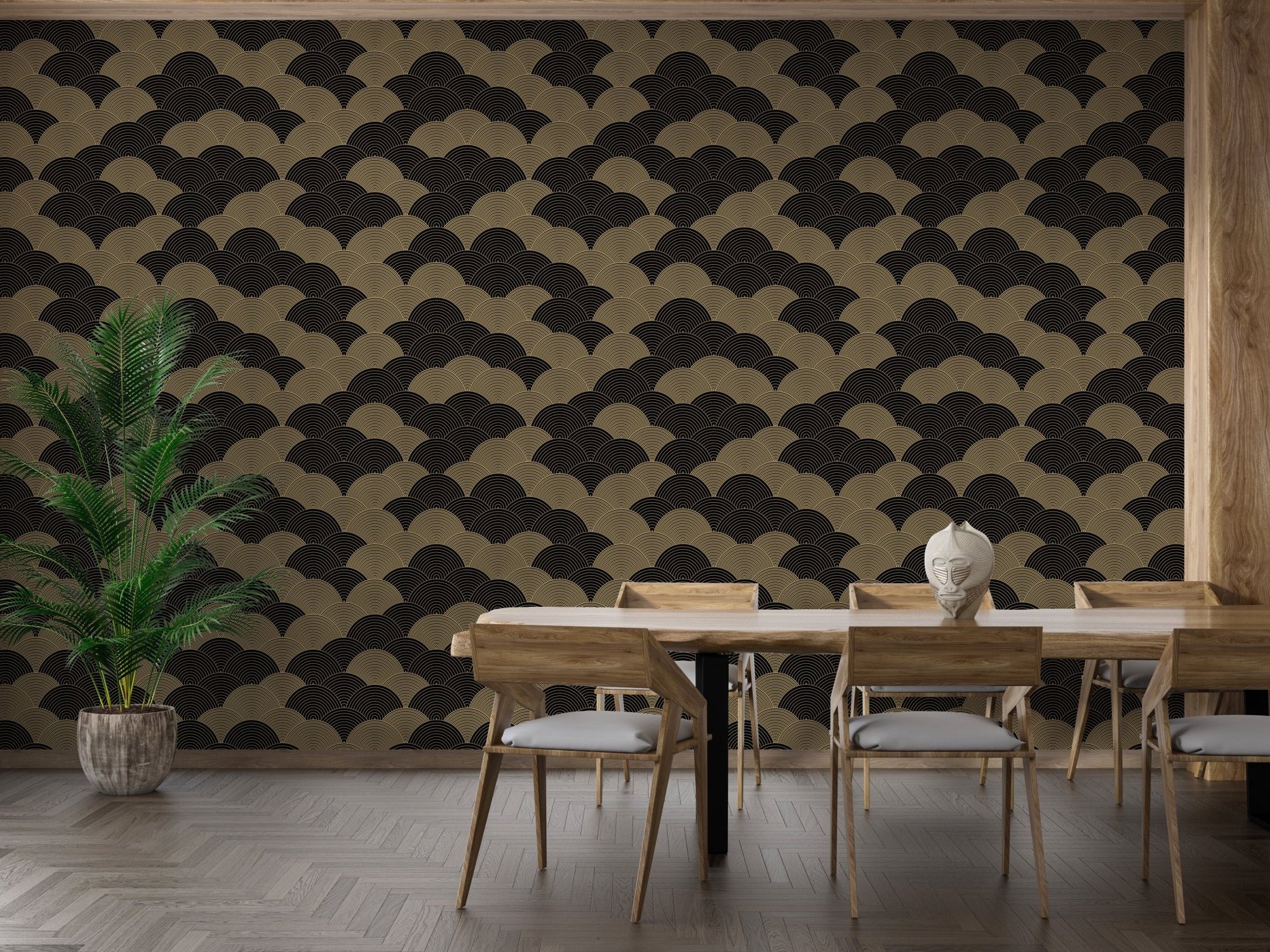 Black and gold coastal whirlpool wallpaper in a dining room with wooden furniture.