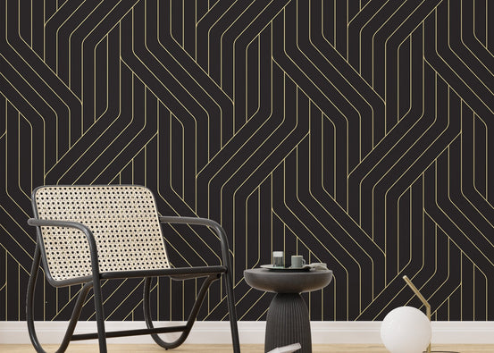 Ornate black and gold rounded line wallpaper in sitting area.