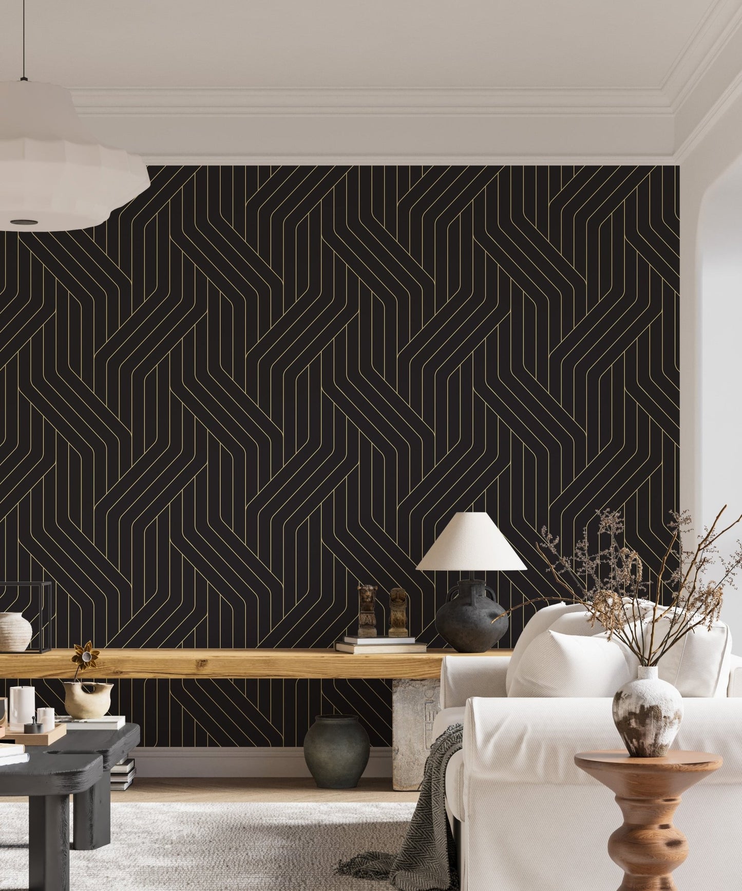 Modern black and gold ornate Deco patterns wallpaper in bright living space.