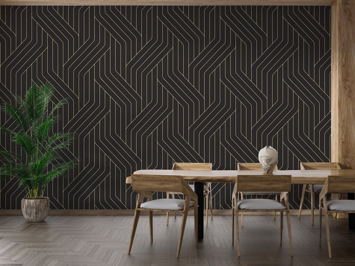Black wallpaper with gold rounded Deco for dining room.