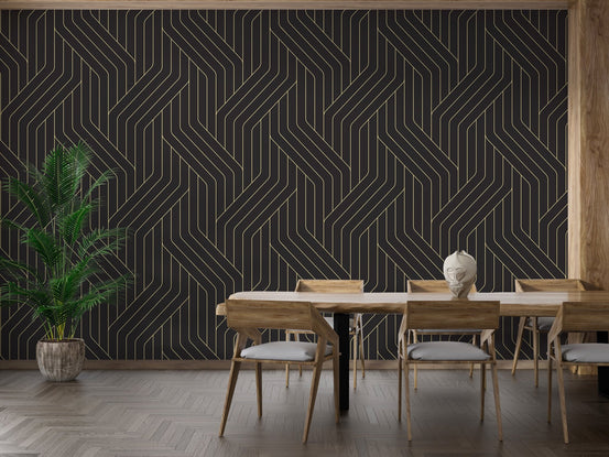 Black wallpaper with gold rounded Deco for dining room.