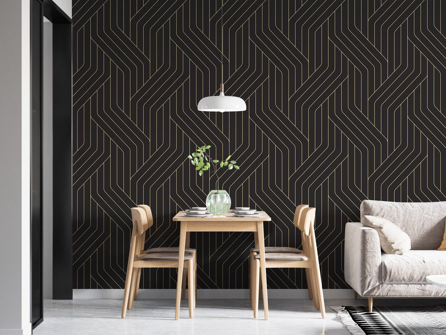 Dark grey wallpaper with gold linear patterns in a minimalist dining area.