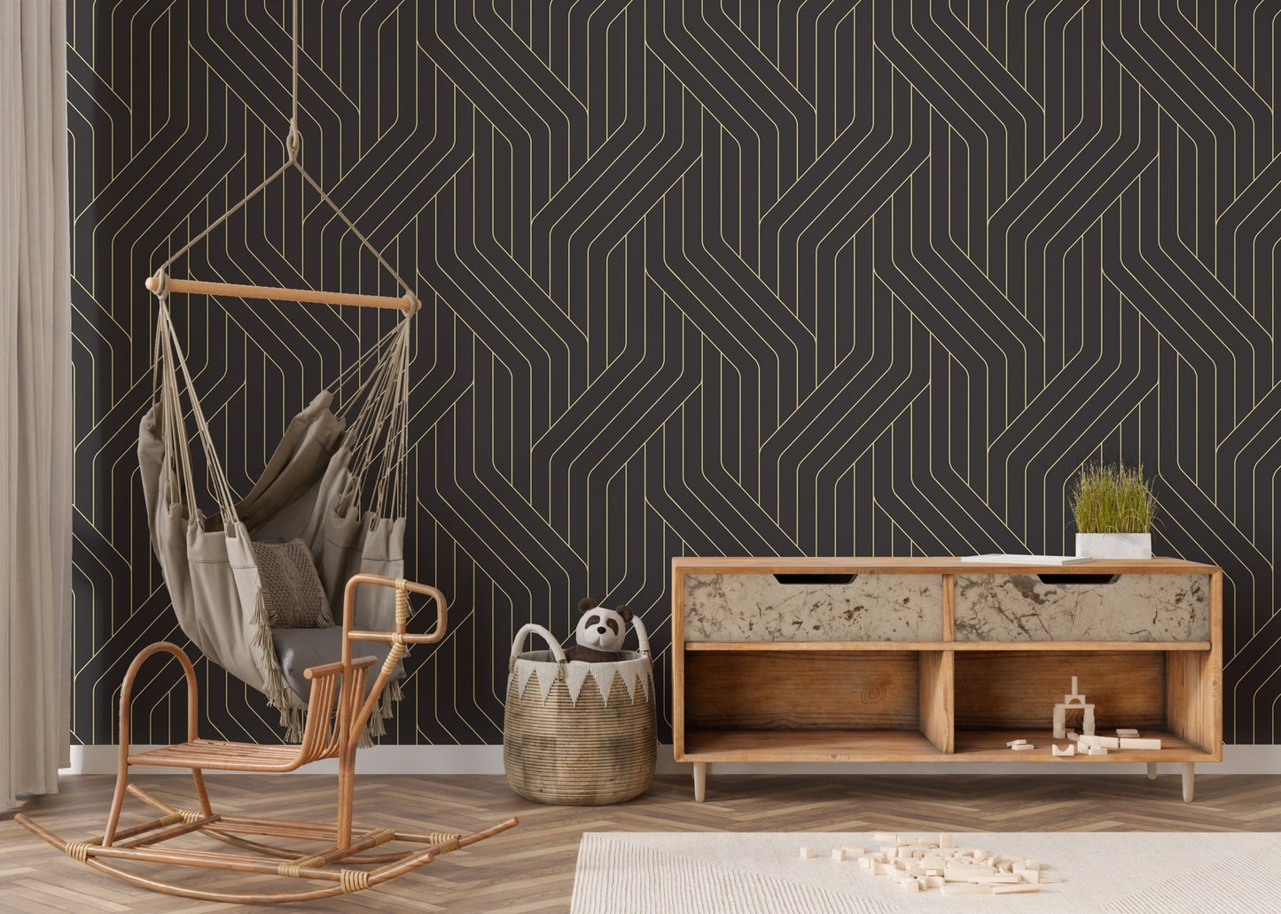 Gold and black ornate wallpaper with lines in nursery area.