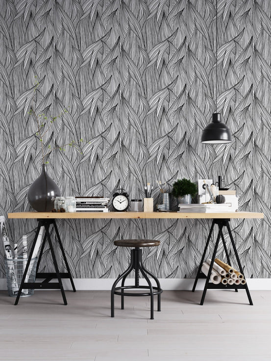 Black and White Abstract Line Wallpaper in a home office with a wooden desk.