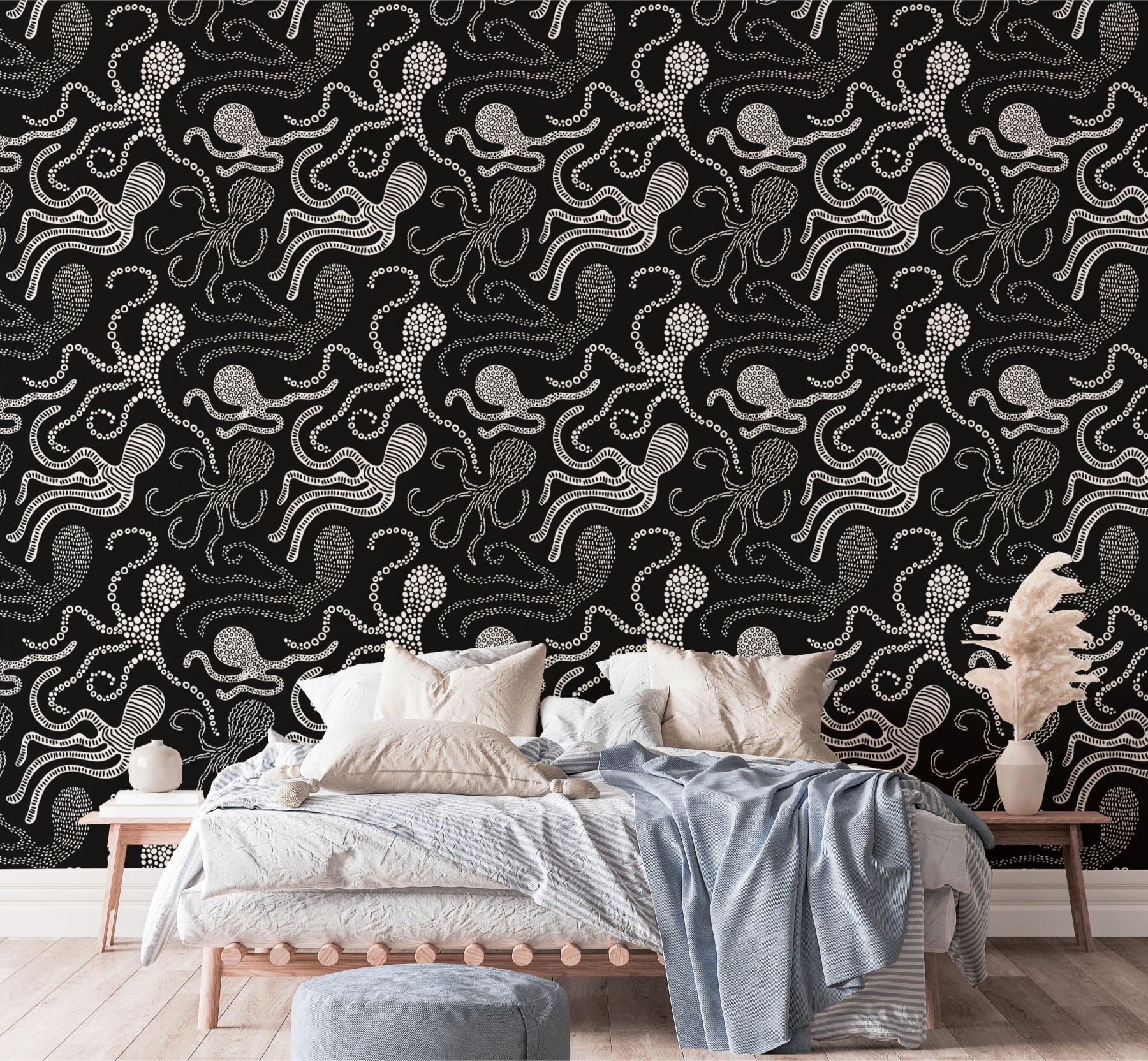Modern bedroom wallpaper with an octopus pattern behind a wooden bed frame