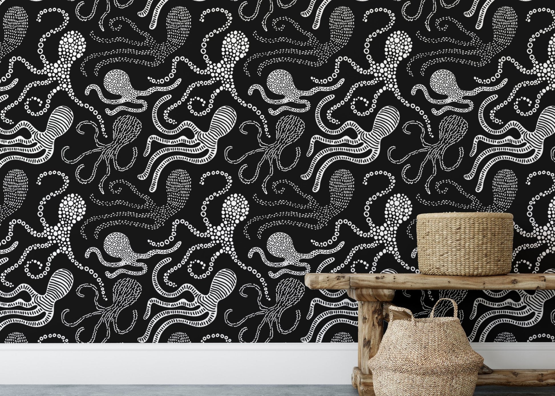 Abstract octopus wallpaper in black and white tones for hallway.