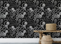 Abstract octopus wallpaper in black and white tones for hallway.