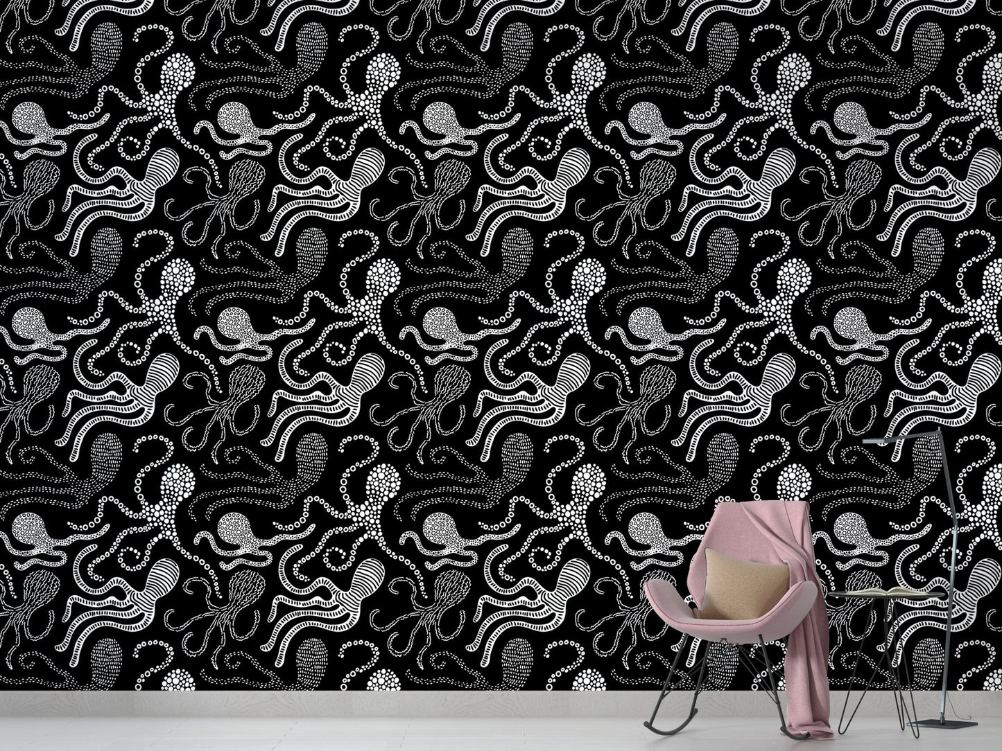 Scandinavian-style wallpaper featuring octopus artwork in kids space.