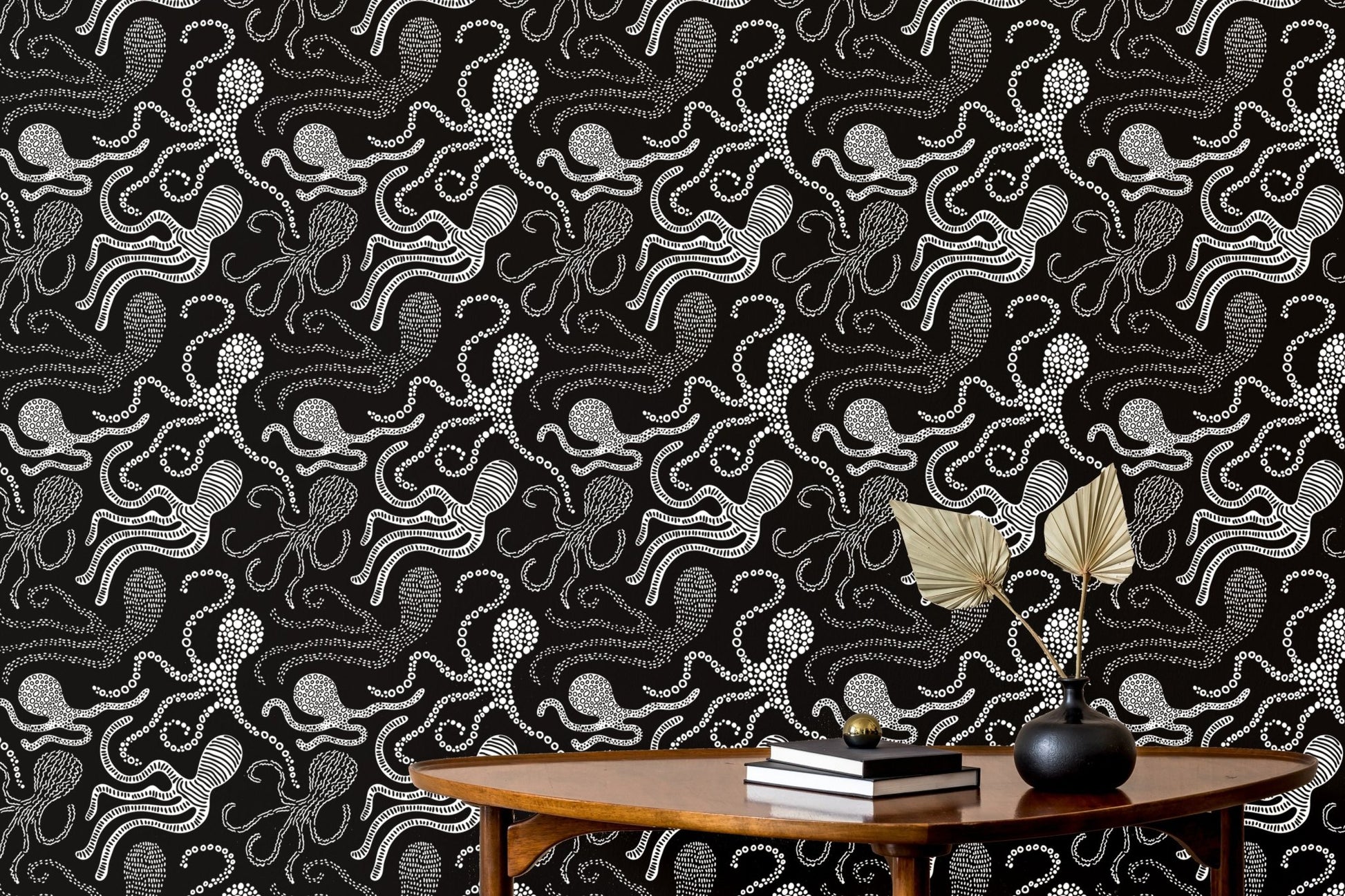 Contemporary wallpaper with abstract octopus elements in reading area.