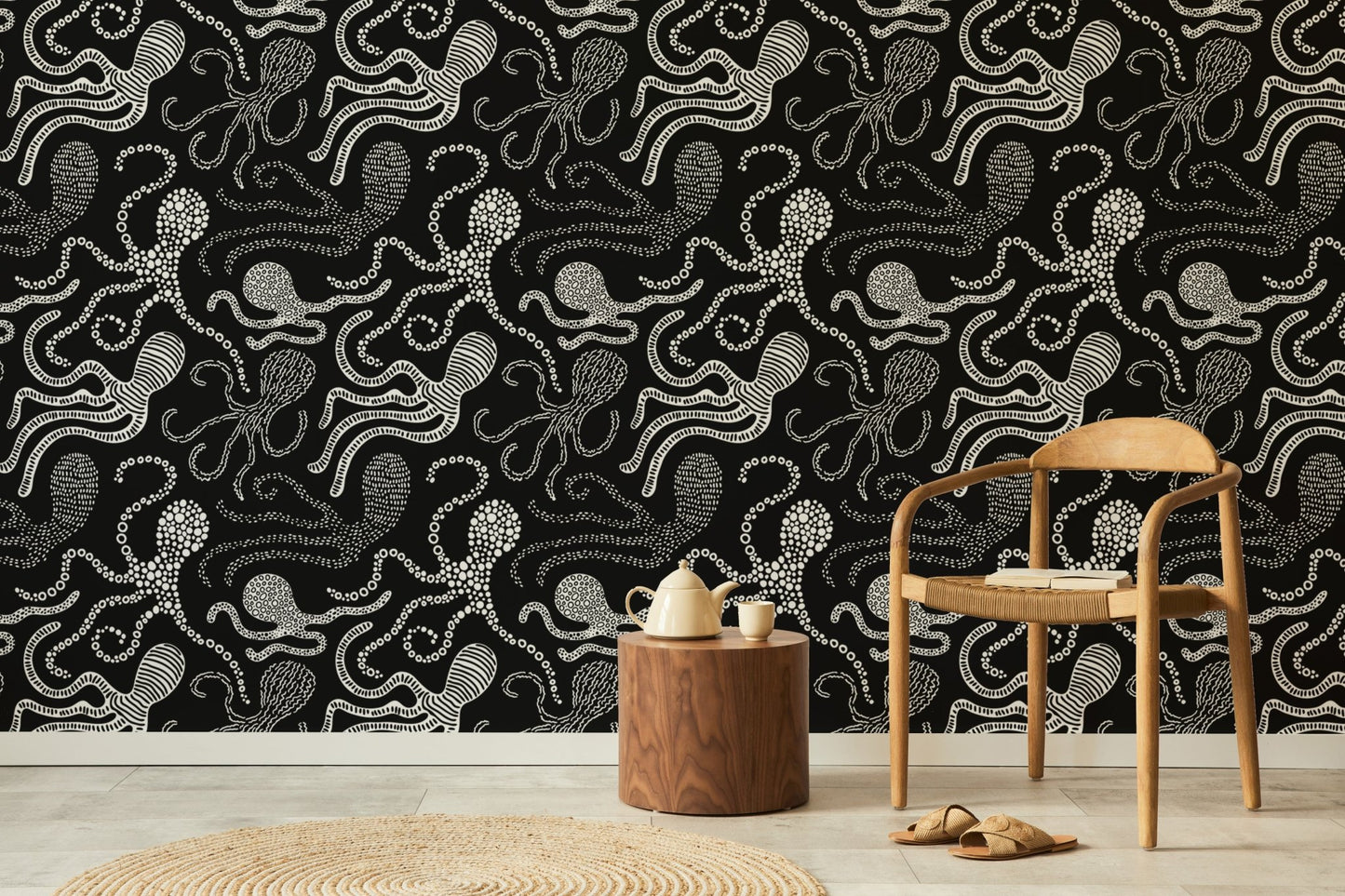 Stylish Scandinavian wallpaper with octopus patterns in a minimalist living room.