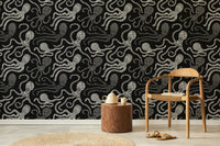 Stylish Scandinavian wallpaper with octopus patterns in a minimalist living room.