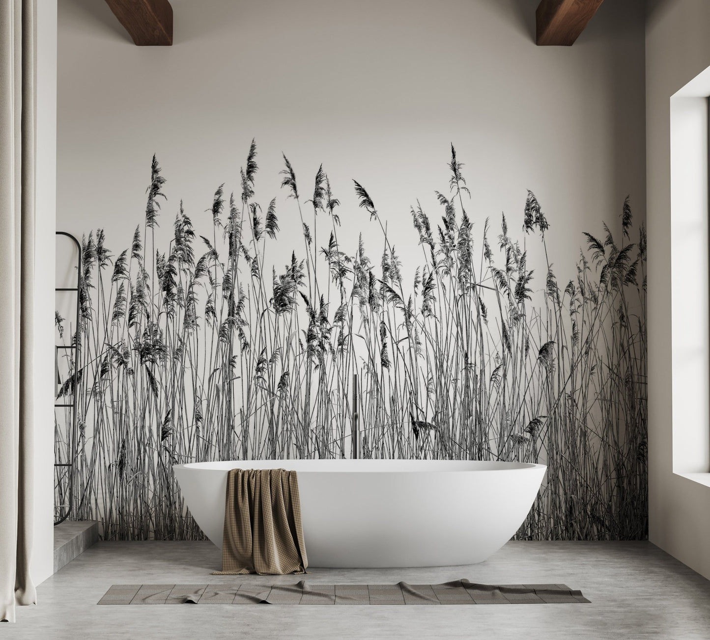 Nature inspired canebrake wall mural in a washroom with modern stone flooring.