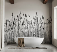 Nature inspired canebrake wall mural in a washroom with modern stone flooring.