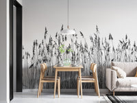 Black and white botanical wall mural for a dining room with wooden furniture.