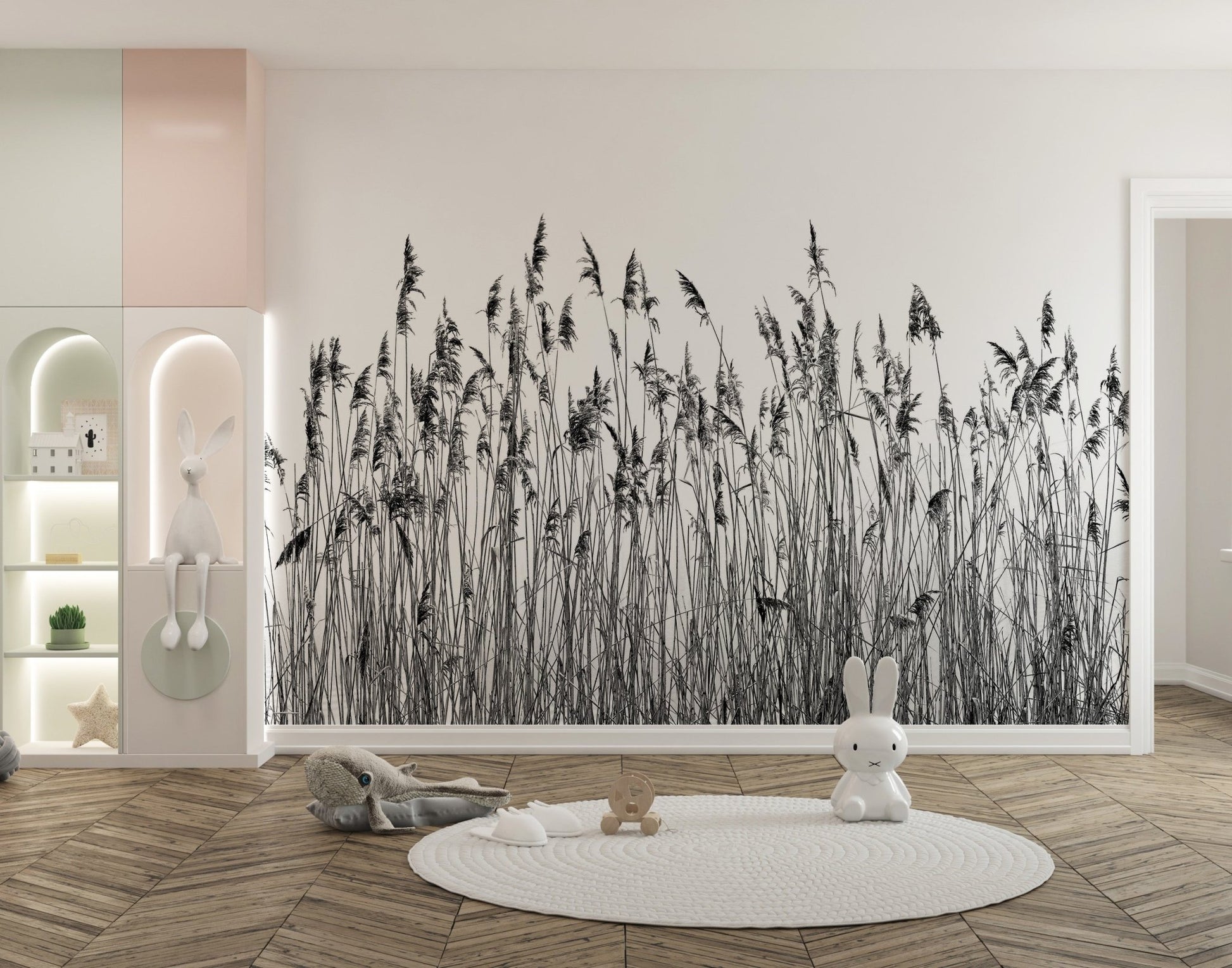 Monochrome reed canebrake wall mural behind a white crib in a modern nursery.