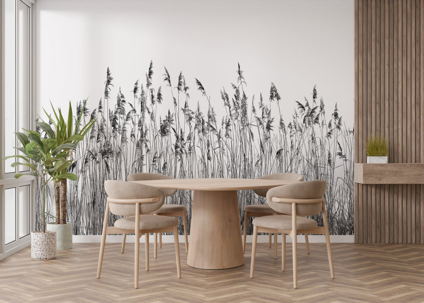 Minimalist canebrake wall mural for a breakfast nook with light wood chairs.