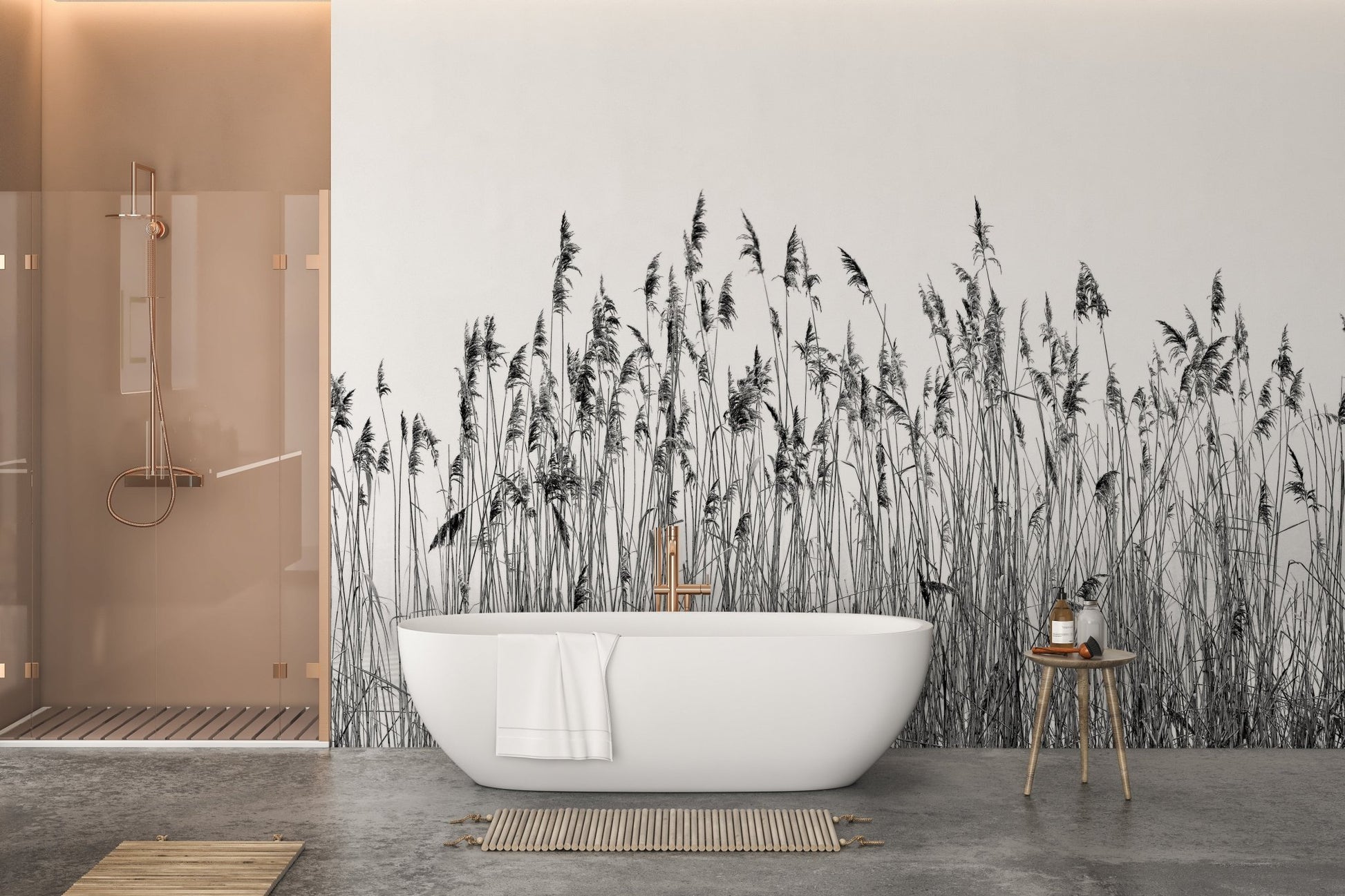 Tall grass canebrake wall mural in a bathroom behind a white freestanding bathtub.
