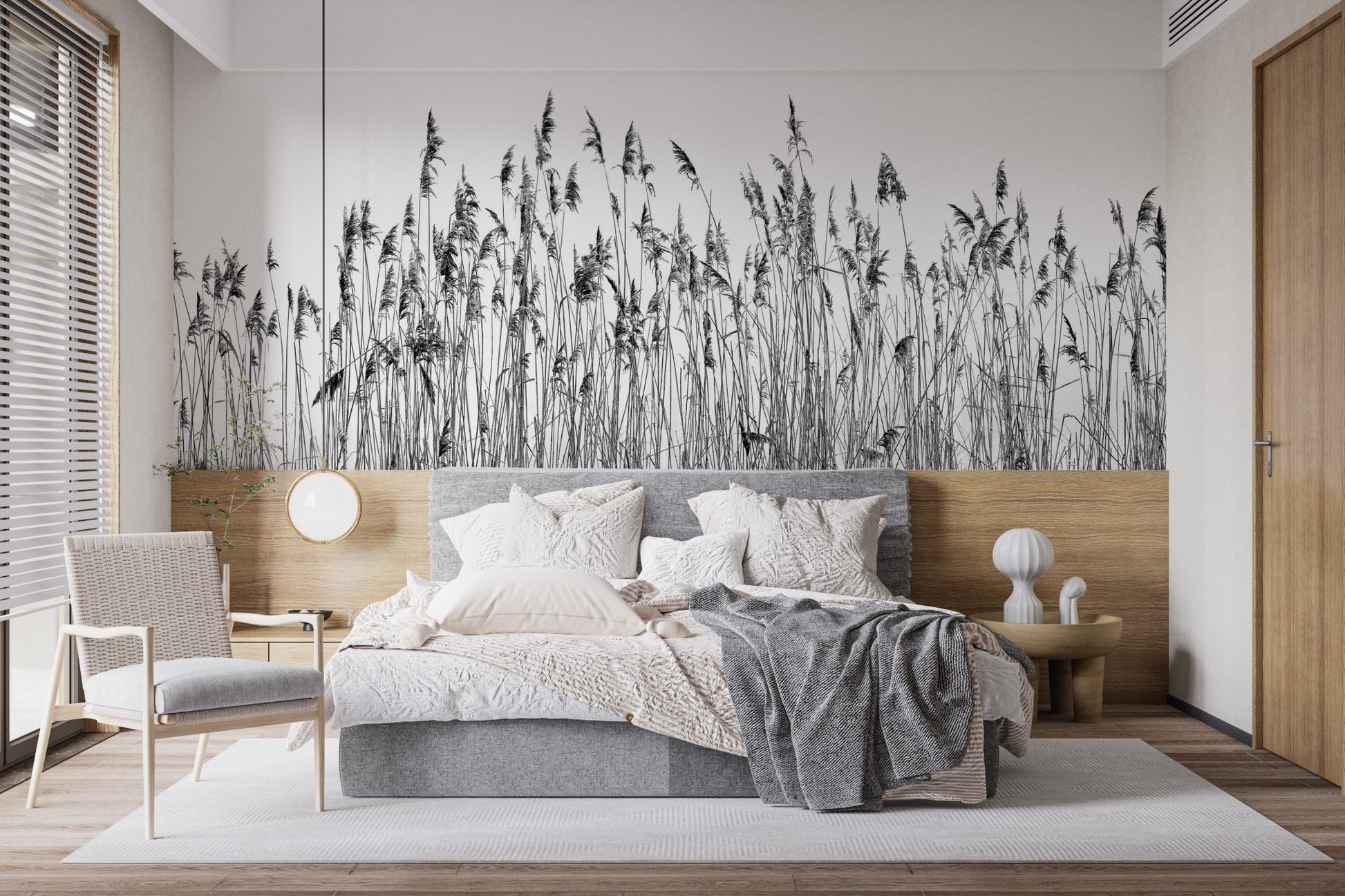 Black and white canebrake wall mural behind a bed with neutral linens.