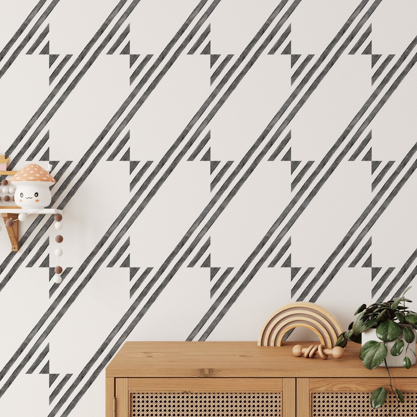 Wooden desk surface with a background of diagonal stripe wallpaper.