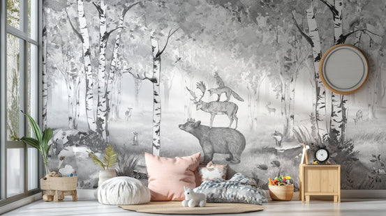 Black and white forest wall mural featuring a bear with a crown.