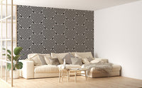Modern heart wallpaper in a large living space with a white sofa.