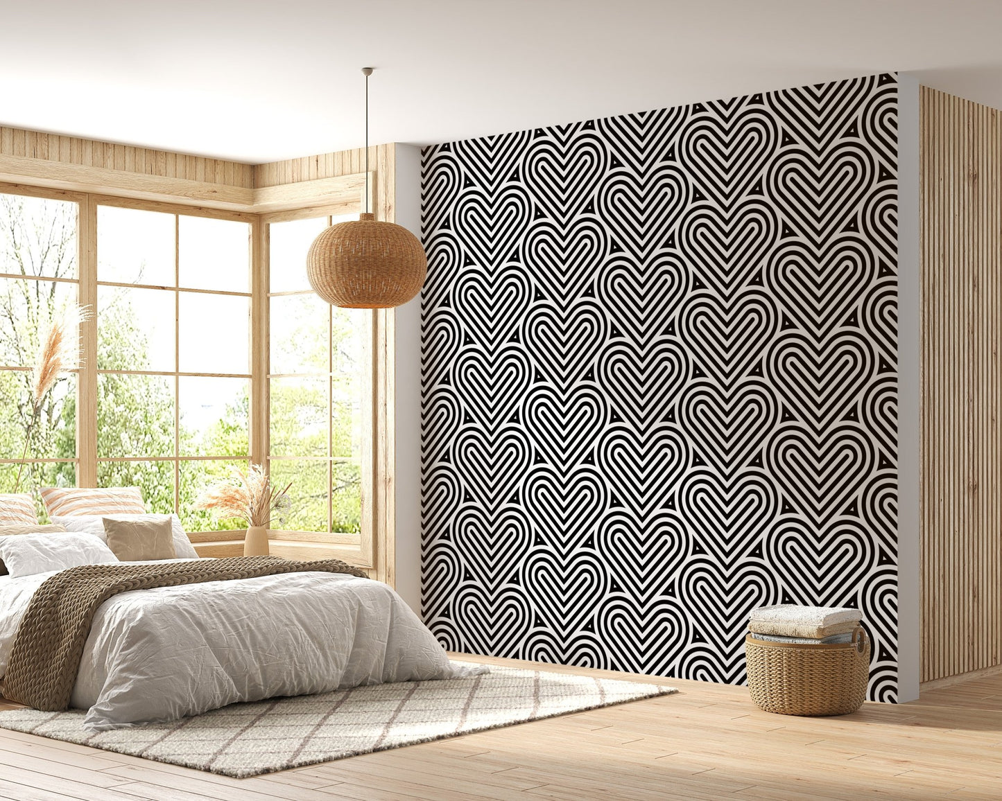 Monochrome geometric wallpaper in a bedroom with a white bed and large window.