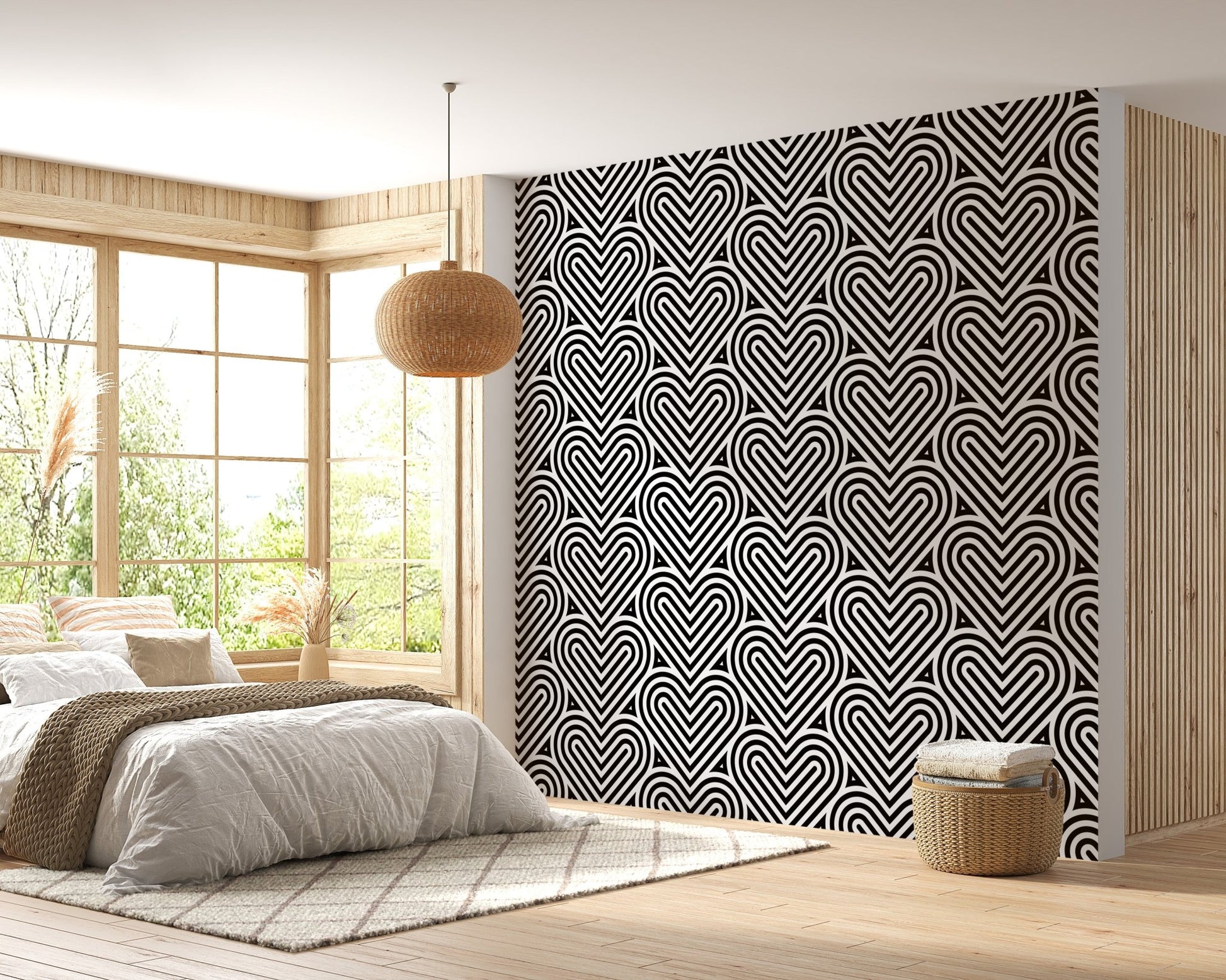 Monochrome geometric wallpaper in a bedroom with a white bed and large window.