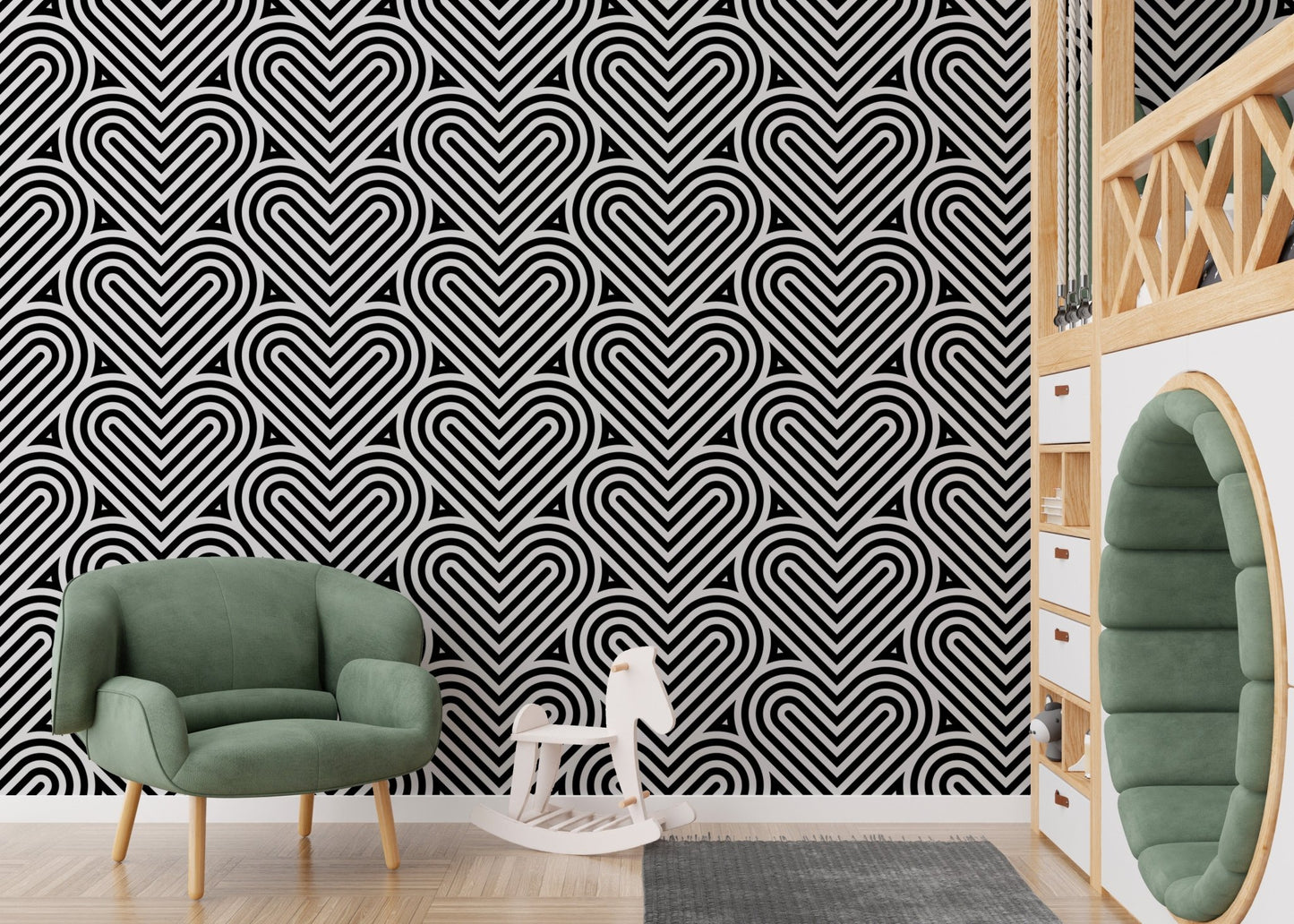 Heart pattern wallpaper in a playroom with a green chair and toy horse.
