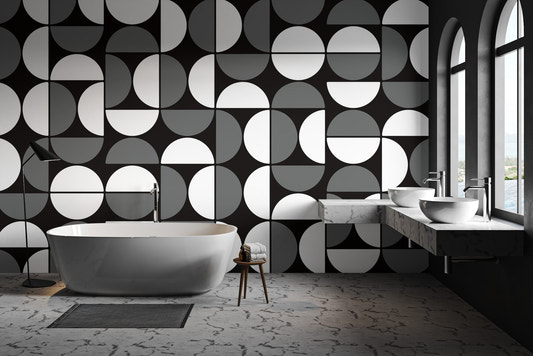 Black and white geometric wallpaper with repeating semicircles and circles.