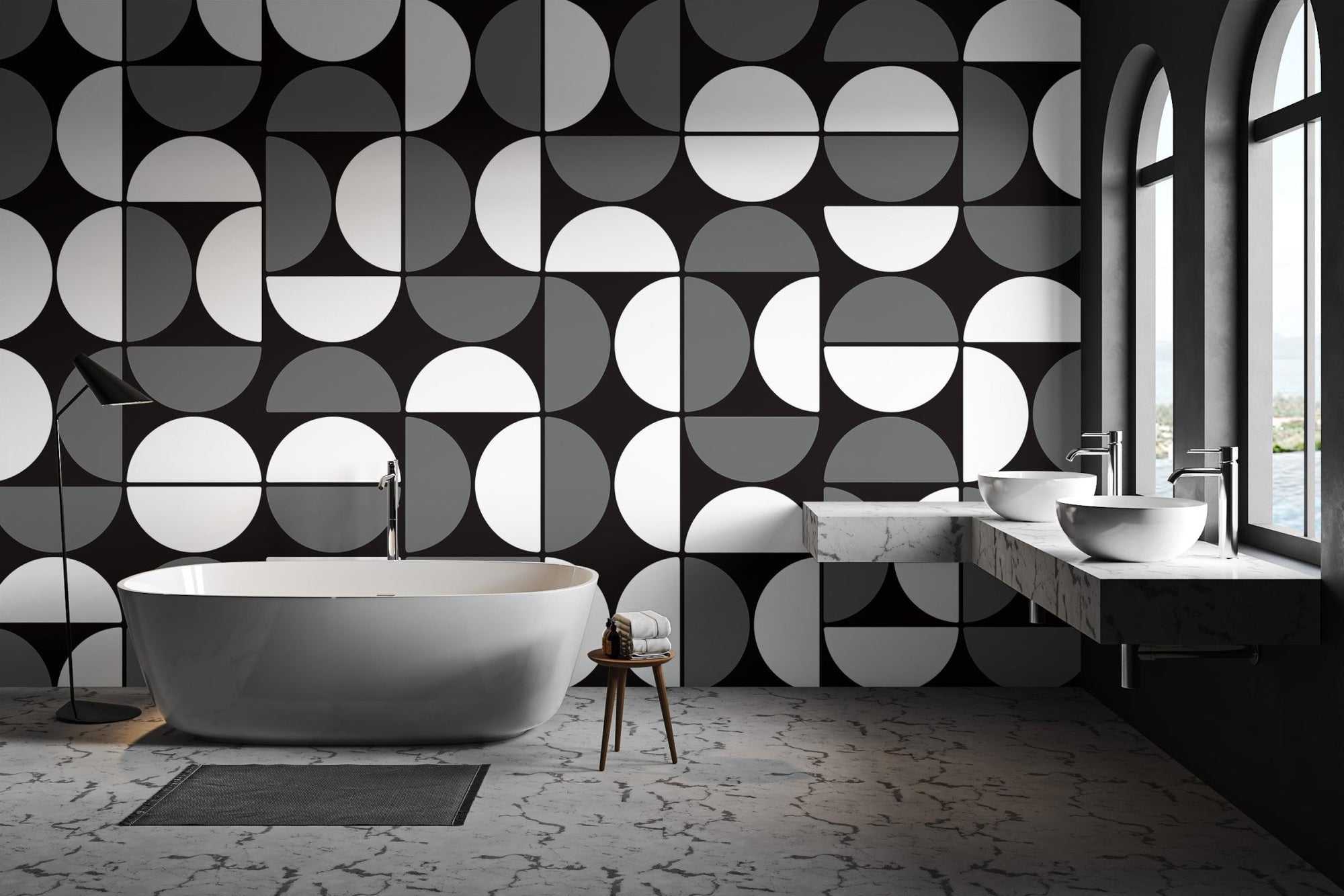 Black and white geometric wallpaper with repeating semicircles and circles.