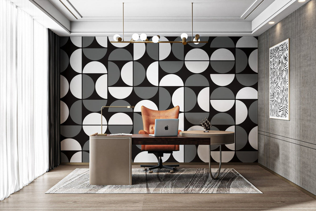 Contemporary geometric wall mural with a seamless black, white and grey design.