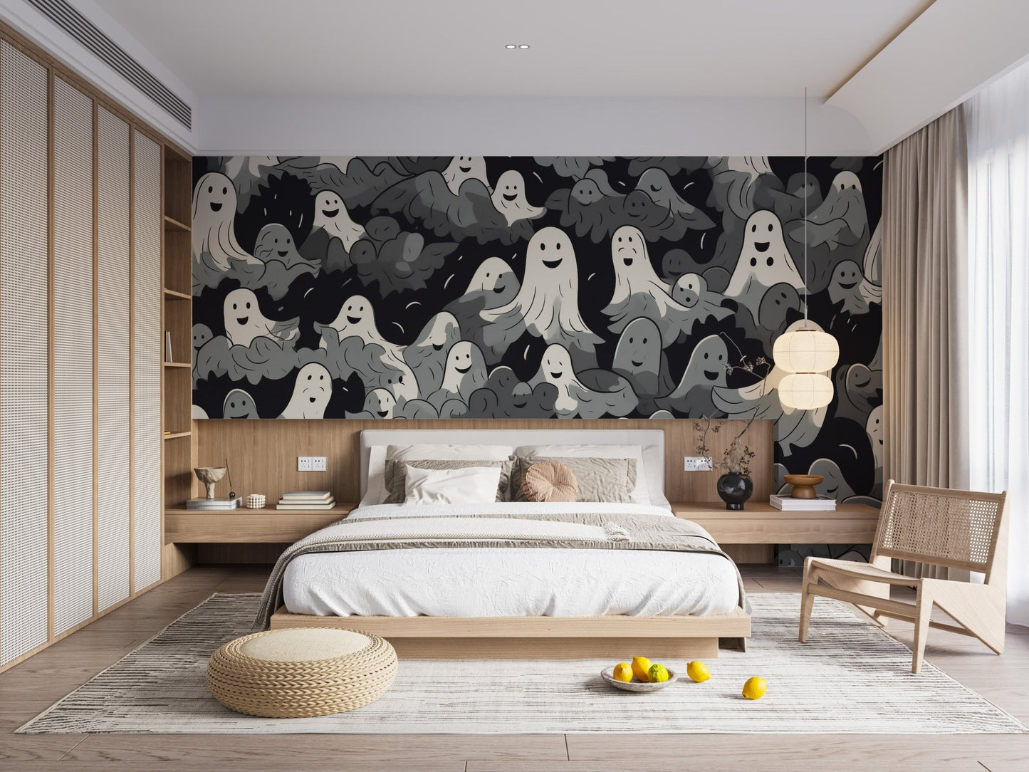 Cartoon ghost wall mural with layered shadow background design.