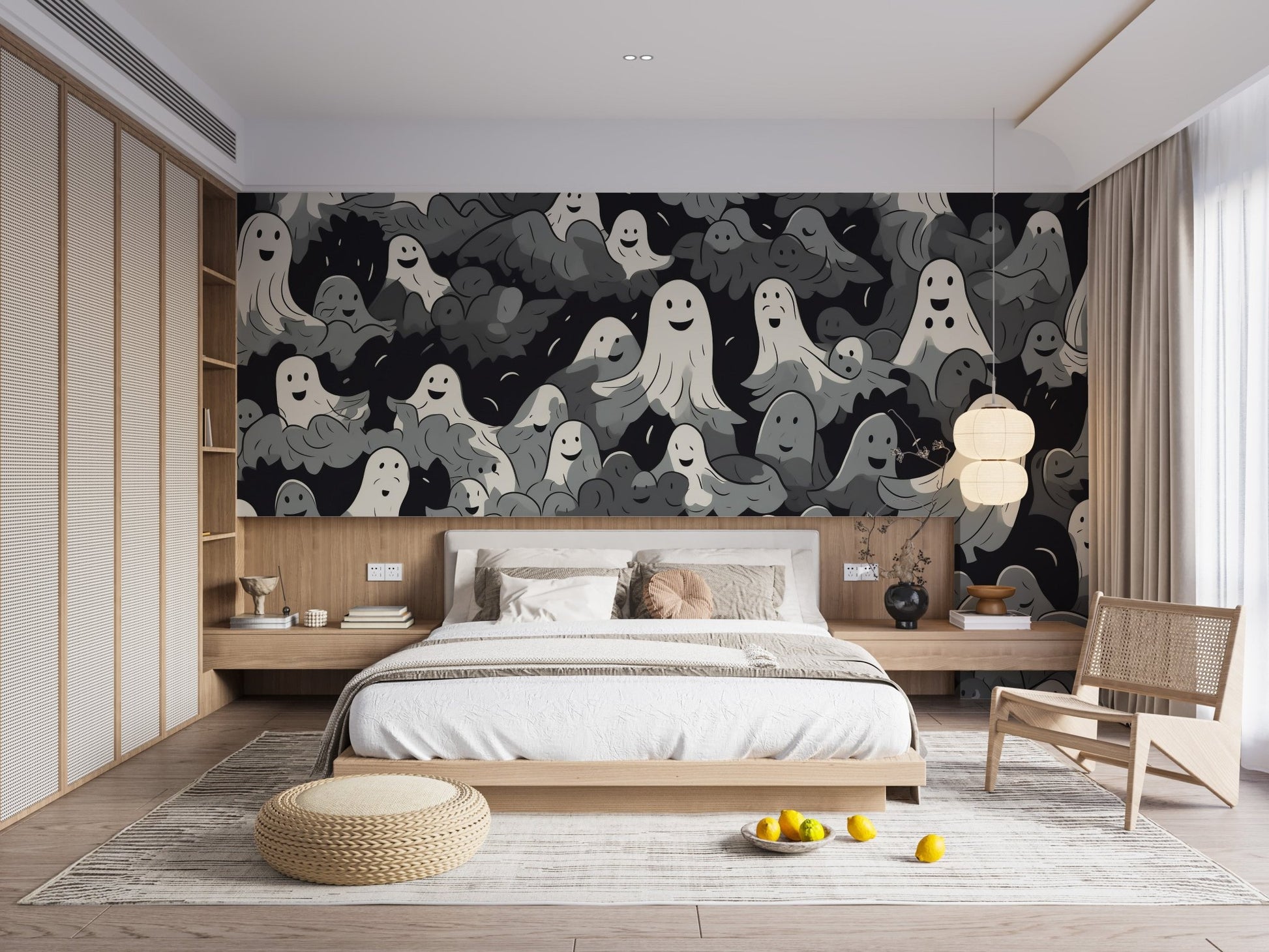Cartoon ghost wall mural with layered shadow background design.