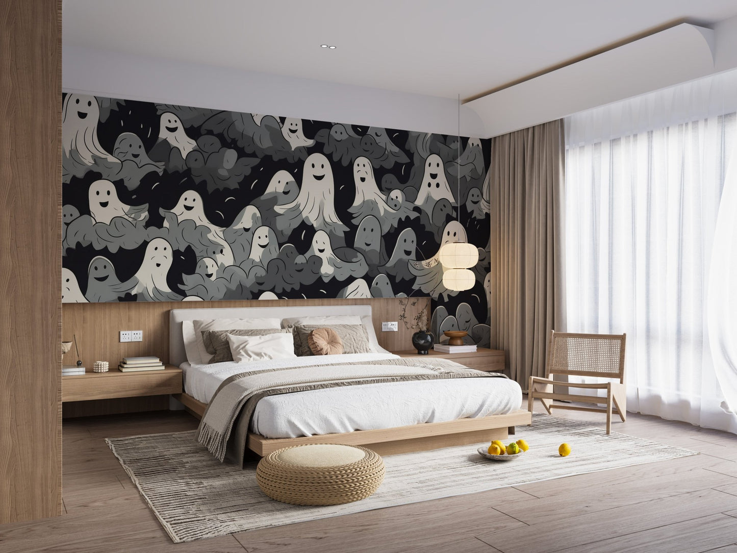 Black and white halloween wall mural with repeated ghost patterns.