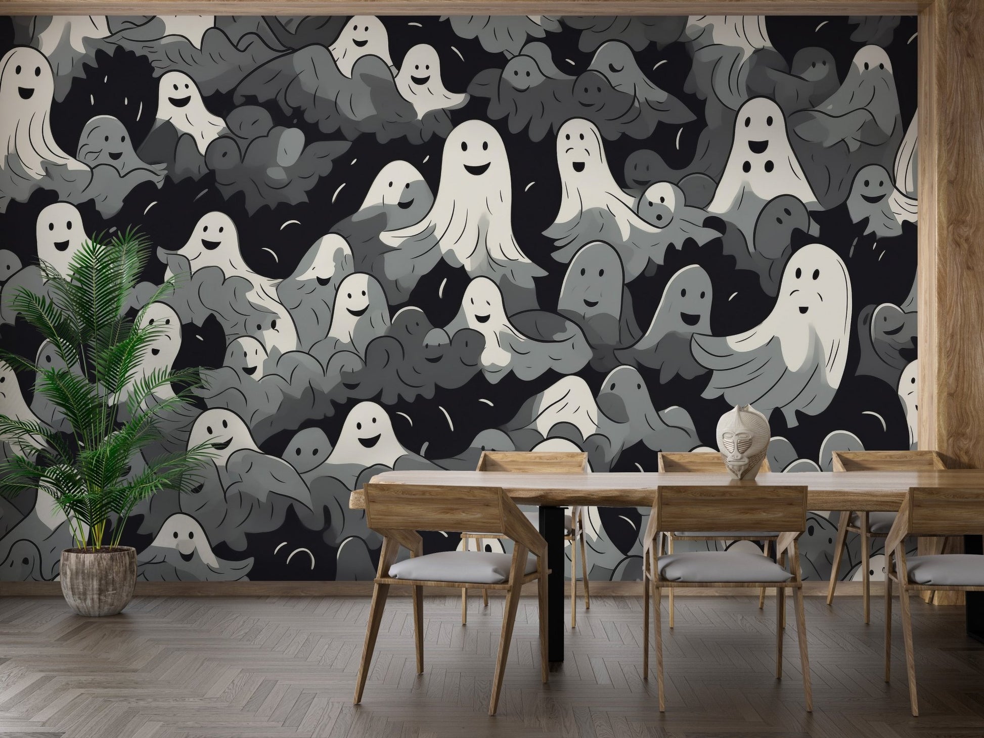 Black and white ghosts halloween wallpaper with playful floating spirits.