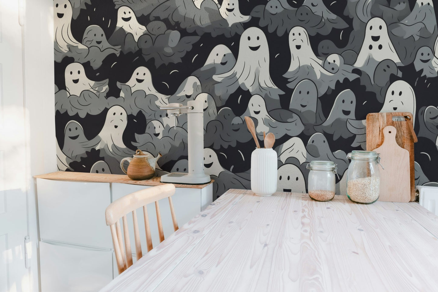 Modern ghost-themed wallpaper for festive wall styling