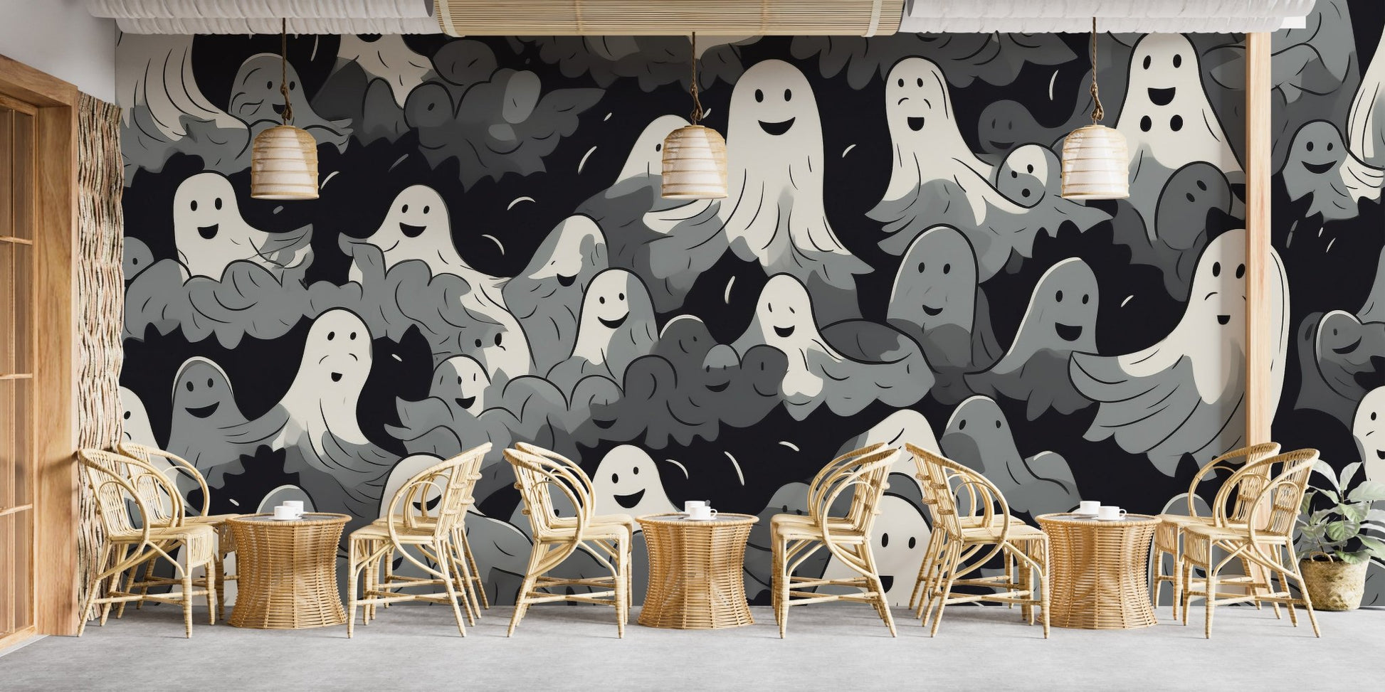 Black and white ghost pattern wallpaper with smiling cartoon spirits.