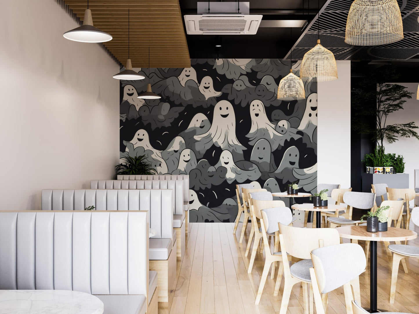 Minimal halloween ghost wallpaper in grey and white tones.