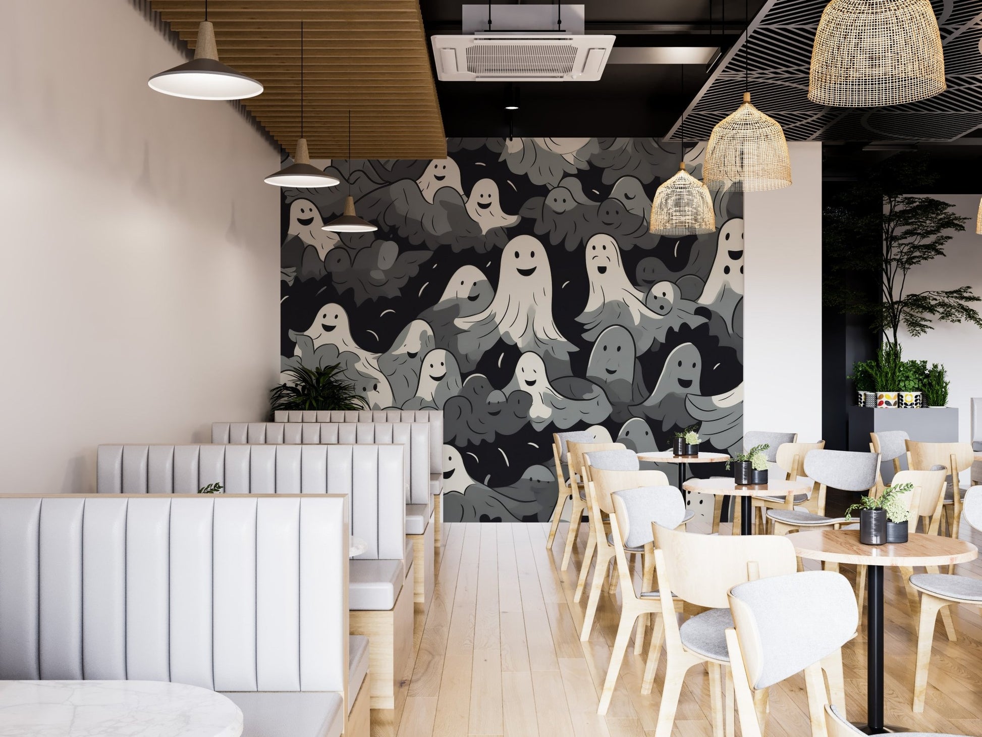 Minimal halloween ghost wallpaper in grey and white tones.