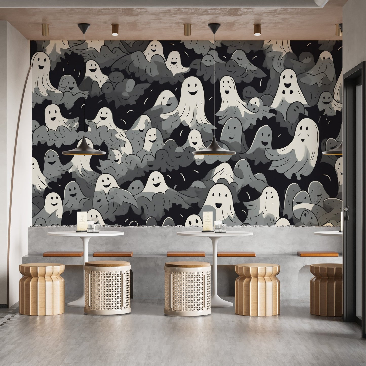 Soft grey spooky ghost wall mural with seamless pattern layout.