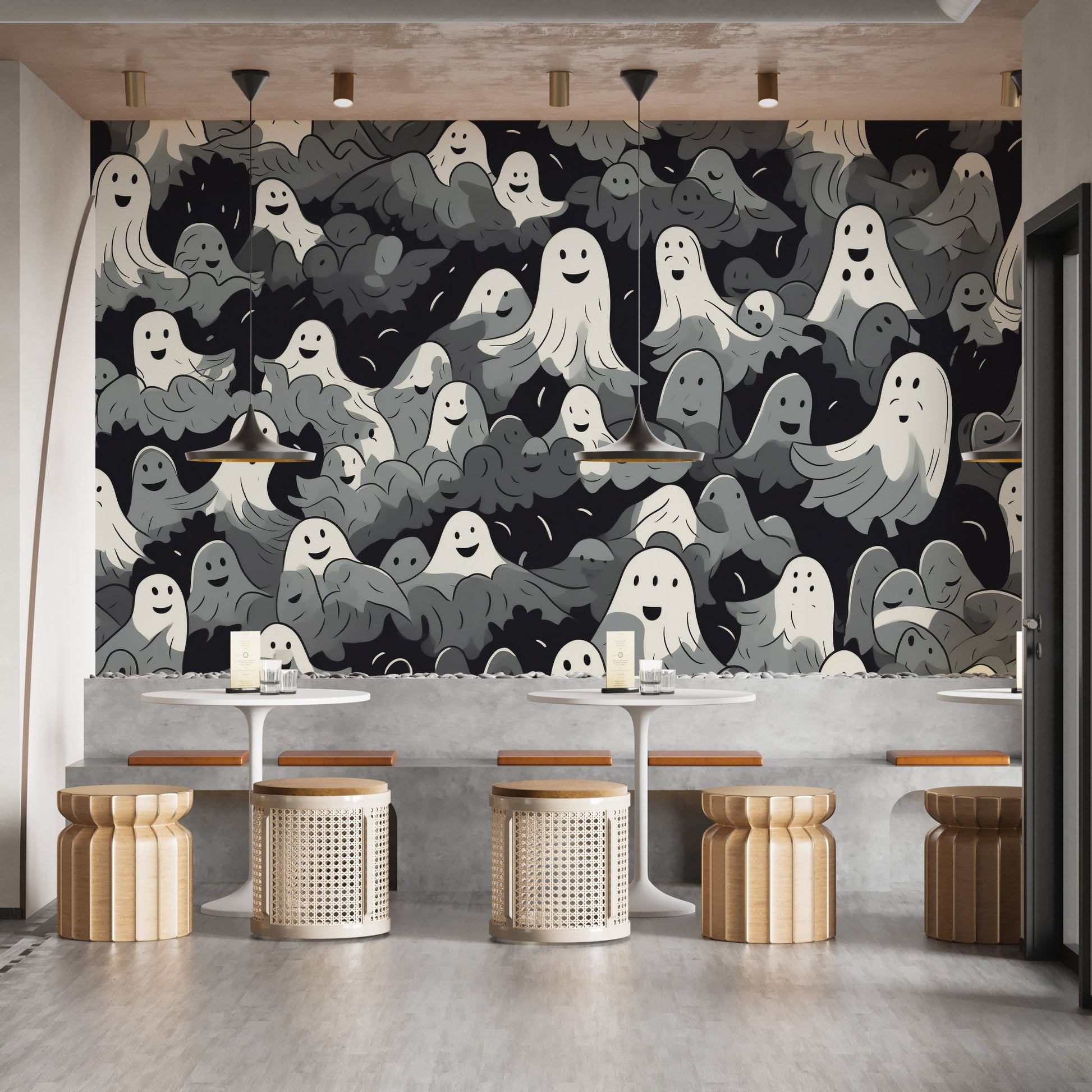 Soft grey spooky ghost wall mural with seamless pattern layout.
