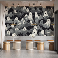 Soft grey spooky ghost wall mural with seamless pattern layout.