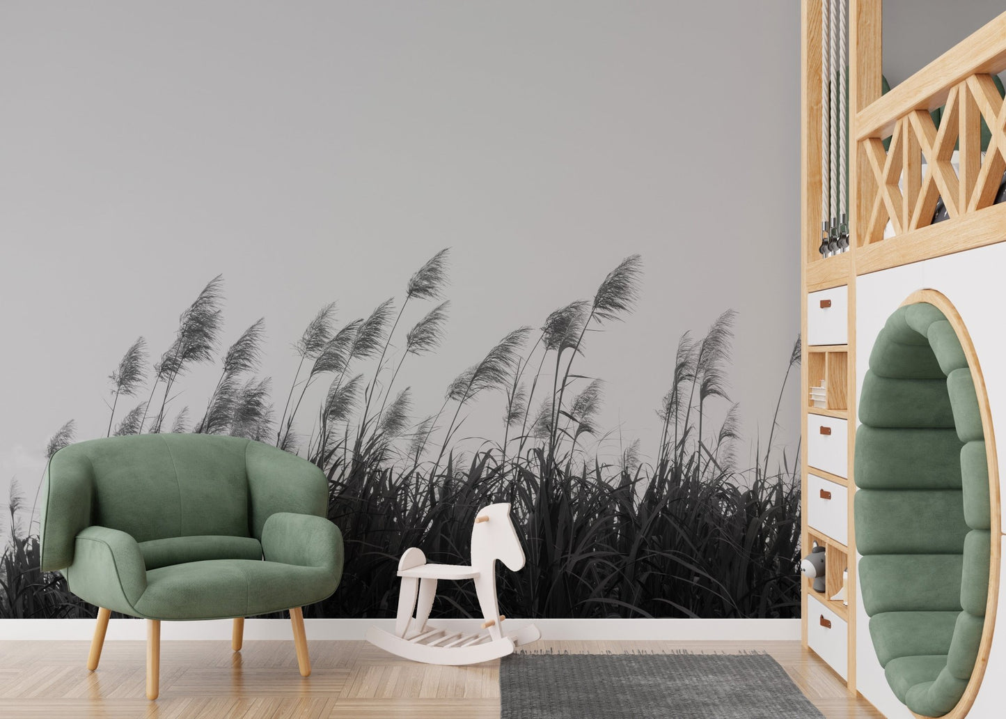 Pampa herbs mural in monochrome for modern nursery interior walls.
