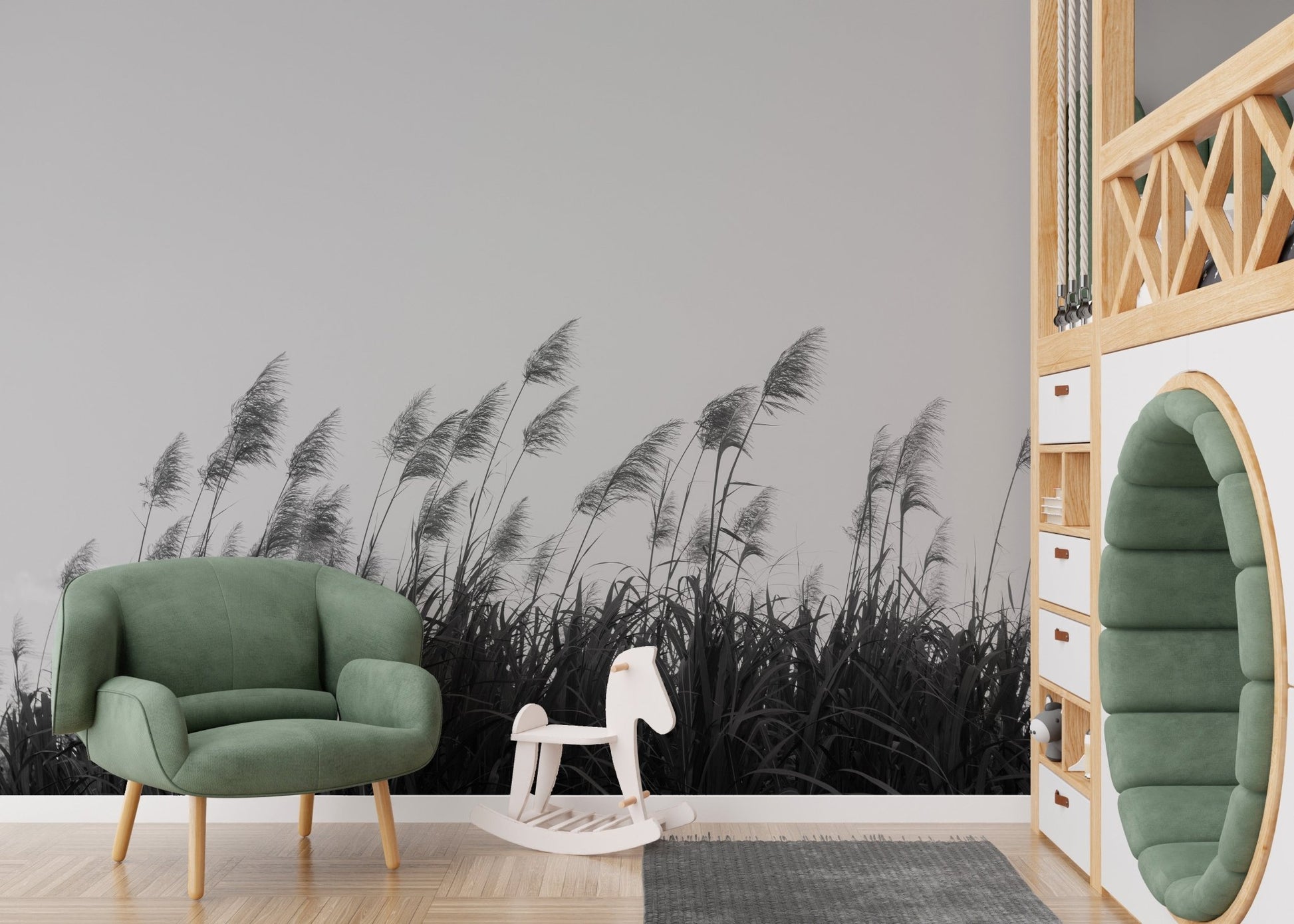 Pampa herbs mural in monochrome for modern nursery interior walls.
