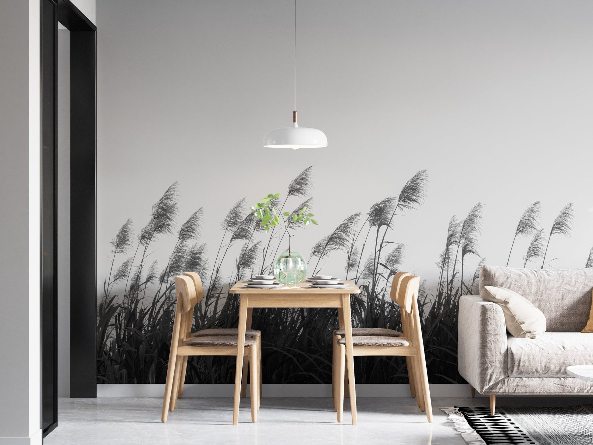 Minimalist dining room with pampa herbs wall mural.