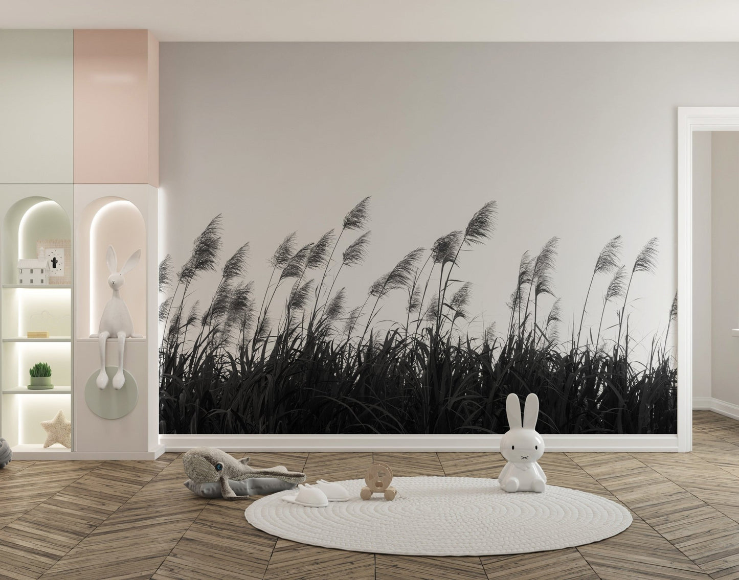 Artistic Pampa herbs mural with monochrome elegance for kids play area walls.
