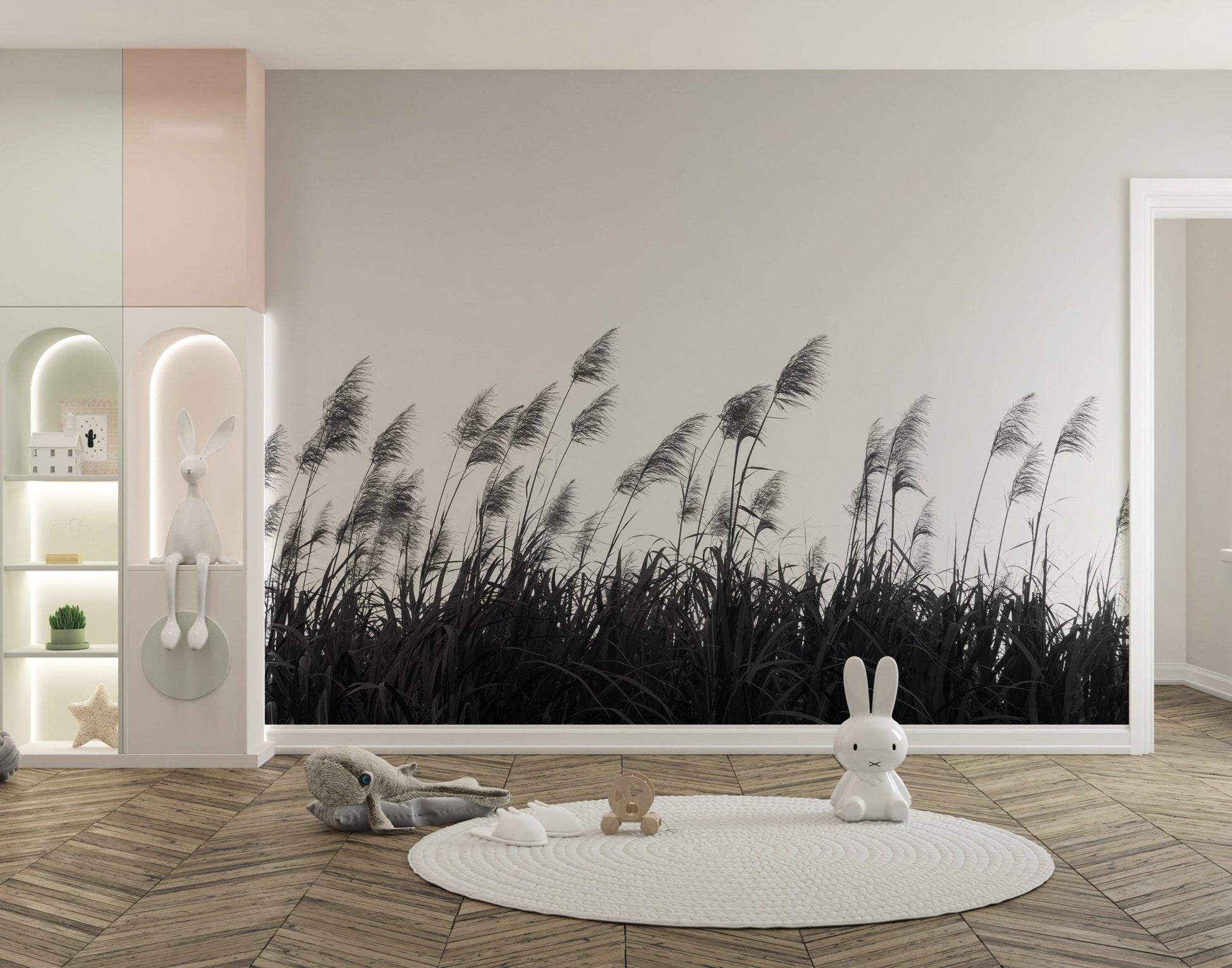 Artistic Pampa herbs mural with monochrome elegance for kids play area walls.

