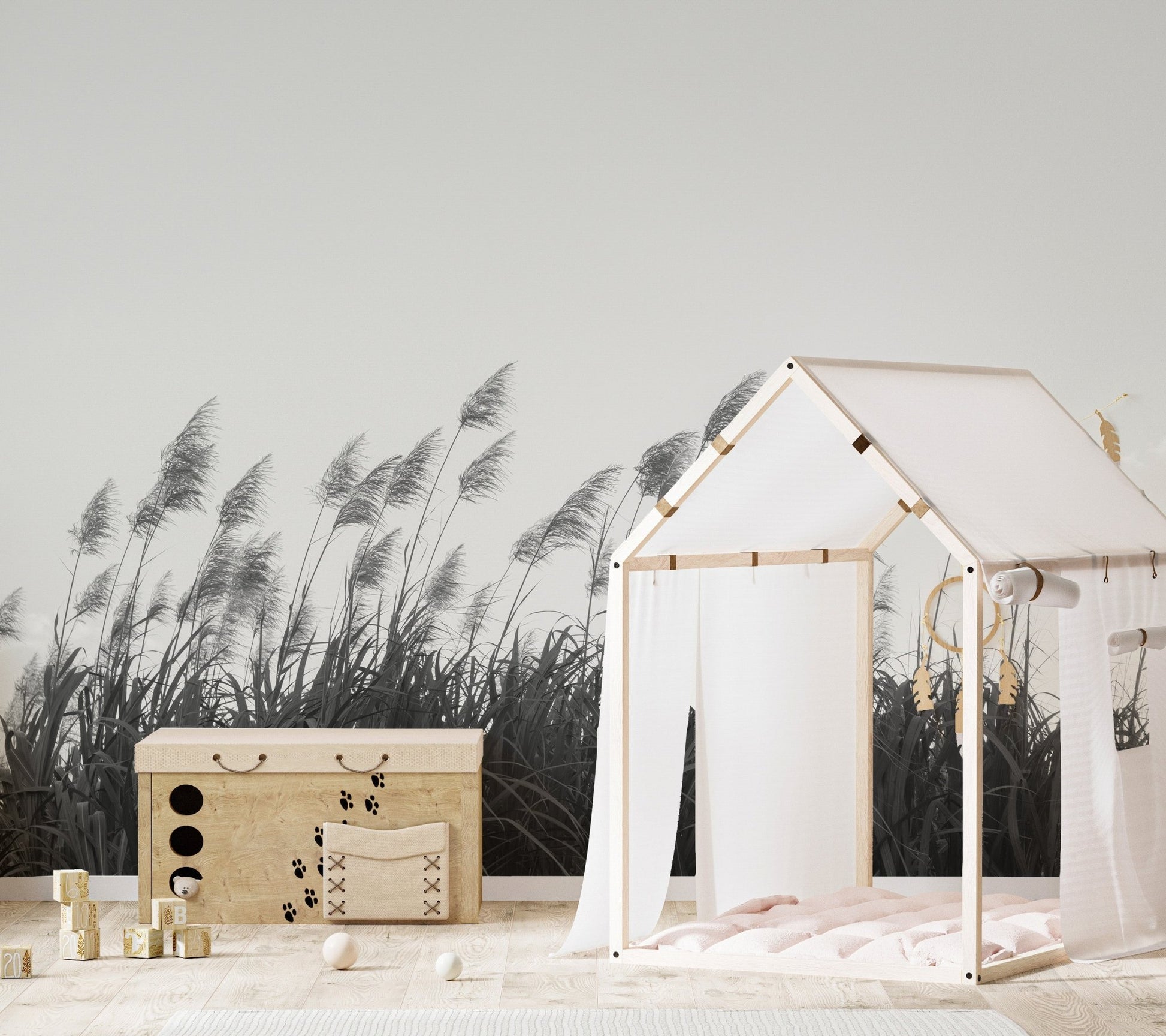 Minimalist mural featuring Pampa herbs in black and white tone for kids room.
