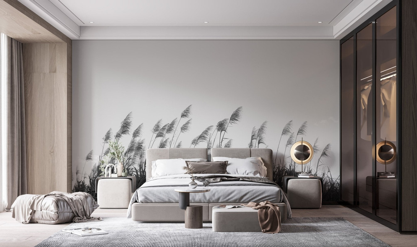 Elegant bedroom interior with monochromatic pampa herbs wallpaper mural.